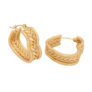 Polished golden stainless steel twisted hoop earrings with a textured weave design