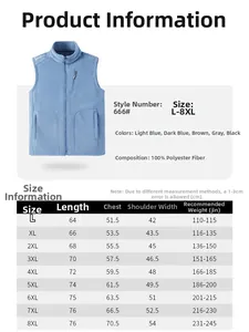 Detailed size chart for men's fleece vest jacket showing measurements from L up to 8XL size