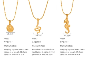 Detailed specs of gold titanium steel necklaces with bee, snake, and seahorse pendants