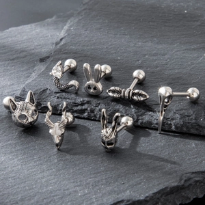 Gothic Punk Animal Skull Barbell Earrings Stainless Steel Vintage Studs Cat Rabbit Snake Piercing Jewelry Men Women