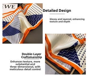 Detailed view of the double-layer silk scarf featuring geometric patterns and orange edges