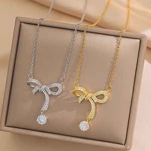 Elegant Bowknot Pendant Necklace Stainless Steel With Round Cubic Zirconia Trendy Snake Chain For Women Jewelry