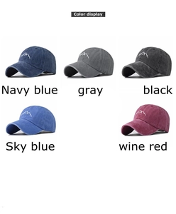 Detailed color display of washed cotton baseball caps with mountain embroidery in 5 colors