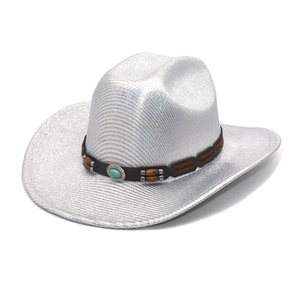 Chapeau Fedora Cowboy Western Coton Polyester Large Bord Métallique Pailleté Turquoise Perles Bois Style Bohème Pour Hommes Femmes