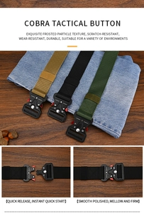 Detail of cobra tactical belt buckles in khaki, black, and green nylon webbing