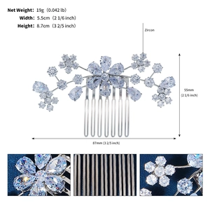Detailed view of zircon flower hair comb with dimensions 5.5cm width and 8.7cm height