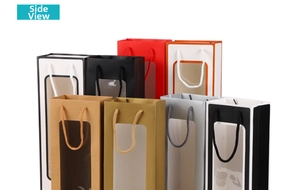 Detailed front view of multi-color paper gift bags with clear window and rope handles