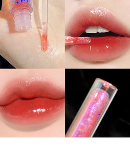 Detailed macro views of pink glitter lip gloss showing texture and glossy finish