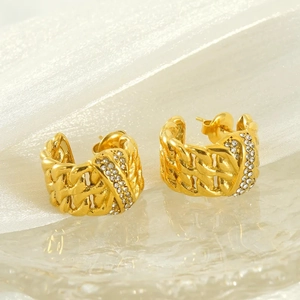 Stainless Steel C Shaped Hoop Earrings For Women 18K Gold Plated Twist Chain Hollow Rhinestone Inlaid Sparkly High End Jewelry