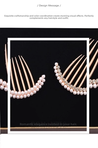 Detail view of rose gold hair comb with elegant white pearls and sparkling rhinestones