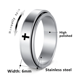 6mm silver stainless steel spinner ring for men with cross laser engraving and polished finish