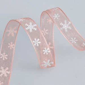 Pink sheer Christmas snowflake ribbon for DIY gift wrapping and holiday decor