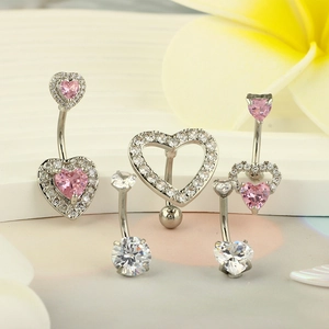 Lot de 5 piercings de nombril cœur argentés avec zircons roses et clairs pour femme