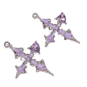 Violet heart cross pendant in gothic style alloy with purple crystal for DIY jewelry