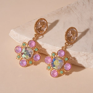 Vintage gold-plated cameo earrings with colorful rhinestones and floral geometric details