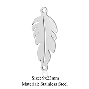 Macro detail of 9x23mm stainless steel feather charm with dual connection holes