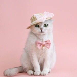 Cat straw hat and pearl bow necklace set for elegant pet photography and sun protection