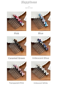 Macro view of floral acetate hair combs set in six colors with sparkling rhinestones