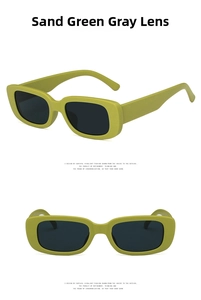 Detailed views of matte olive green rectangle sunglasses with dark grey lenses