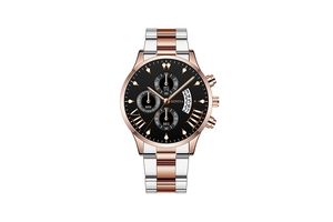 Detail of Geneva quartz watch showing rose gold chronograph sub-dials and date window