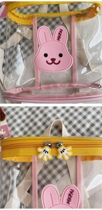 Detail of transparent PVC kids backpack featuring a pink rabbit and Mickey glove zippers