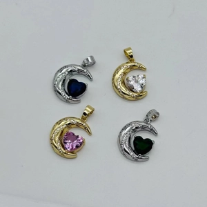 Sparkling zircon moon pendants with heart gemstones in gold and silver plating