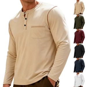Men Henley Shirt Long Sleeve Contrast Stitching Chest Pocket Breathable Polyester Spandex Casual Urban Slim Fit Tops