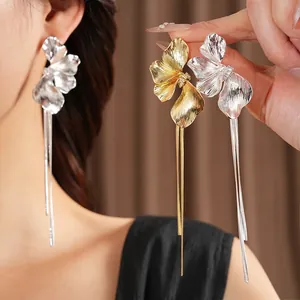 Elegant floral petal tassel earrings in gold and silver finish with long snake chains