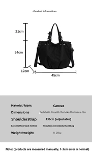 Size chart showing large canvas tote bag dimensions for daily commute and travel