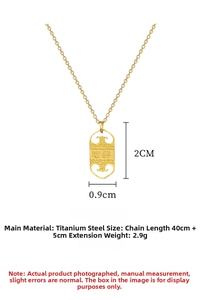 Detailed size view of gold titanium steel necklace with rectangular Lucky pendant