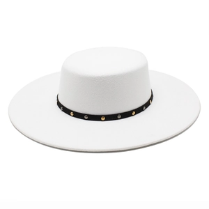 Classic white wide brim flat top fedora hat with black studded band for men and women