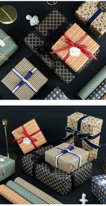 Detailed view of blue plaid kraft wrapping paper with Love Is Eternal decorative ribbon