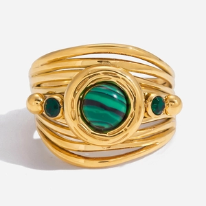 Retro 18K Gold Plated Stainless Steel Open Ring For Women With Green Malachite Multi Layer Hollow Geometric Jewelry