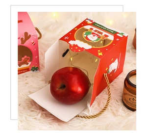 Detail of Christmas apple gift boxes with festive patterns and golden handle on plush mat