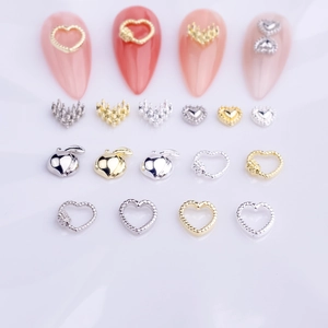 Japanese style 3D hollow heart and crown metal nail art charms in gold and silver finish