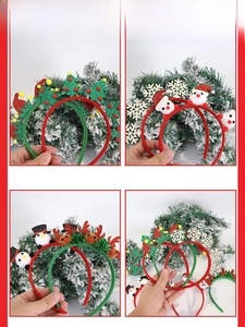 Detail shot of four festive Christmas headbands featuring snowmen, trees, and antlers