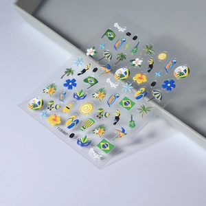 5D embossed Brazil theme nail stickers featuring parrots, flags and tropical elements