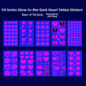 Detailed view of neon heart temporary tattoo stickers with UV fluorescent effect