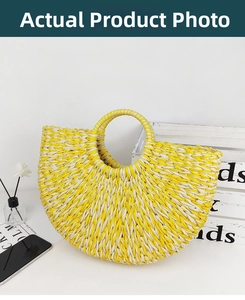 Detail of hand-woven straw tote bag in yellow and white with circular handle