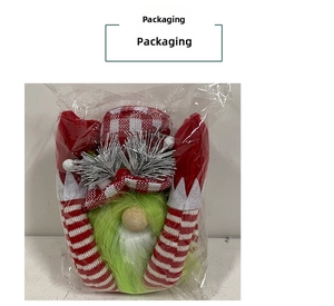 Detailed view of plush Christmas gnome with green beard and red plaid hat in packaging