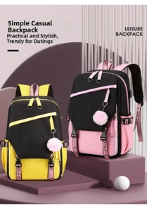 Detail of leisure backpacks with sporty straps and plush charm on geometric props