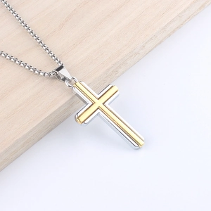 Collier avec pendentif croix bicolore argent et or en acier inoxydable poli