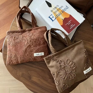 Retro camel suede tote bag with floral embroidery and simple wish label