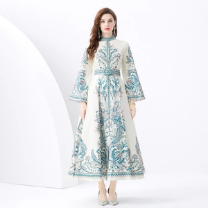 Elegant Vintage Palace Style Chiffon Maxi Dress Stand Collar Long Flare Sleeve Floral Paisley Print Belted Vacation