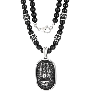 Vintage punk men's black bead necklace with carved dragon head pendant in steel