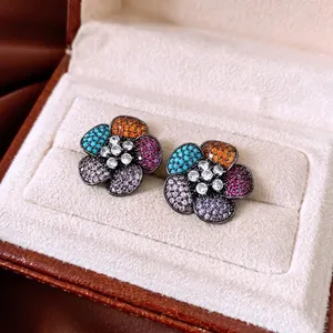 Vintage zircon flower stud earrings with multi-color stones in black plated finish