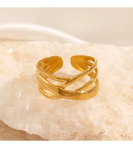 Close-up of golden multi-layer crisscross ring on mineral crystal display base