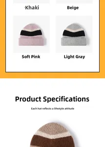 Detail of striped knitted beanie in khaki, beige, pink and grey colors with thick texture