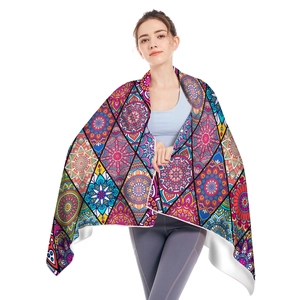 Microfiber bohemian beach towel with colorful mandala patterns and soft white backing