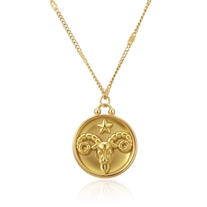 Golden Aries zodiac coin necklace featuring a 3D sheep head relief on a thin link chain